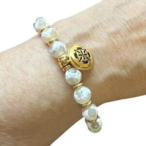 Rustic Cuff Faceted Stone Stretch Logo Bracelet
